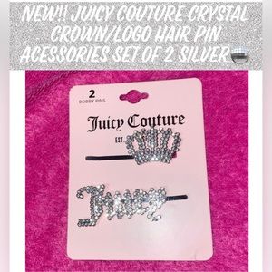 New!! Juicy Couture Crystal Crown/Logo Hair Pin Acessories Set of 2 Silver🪩